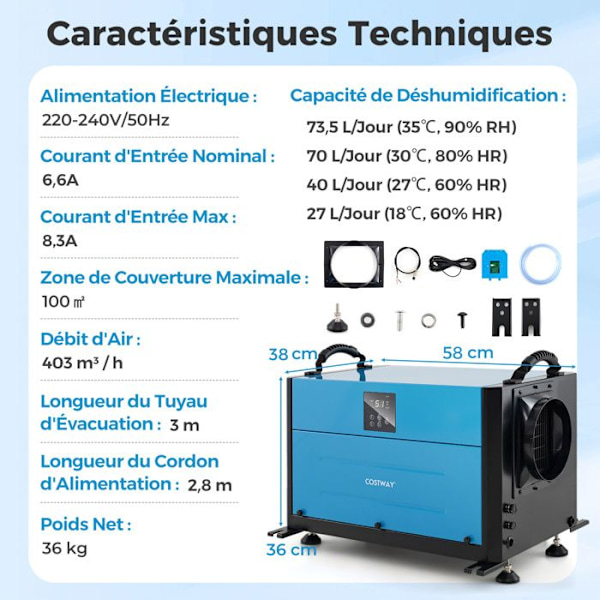 Professionel Affugter COSTWAY-73,5 L/Dag-3 Tilstande-24 timers Timer-Afløbslang-Selektiv Dæfrost-Souterrain-Lager-Blå