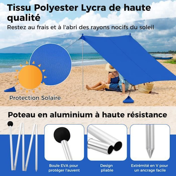 COSTWAY strandtält 4 personer 2,3 x 2M-Anti UV UPF50+-Bärbar bärväska-4 sandsäckar-Markstakar-2 stolpar-Blå