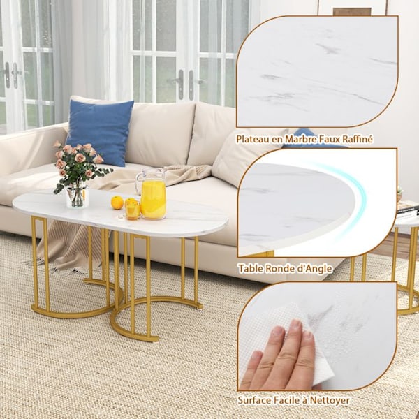 COSTWAY Ensemble 3 PCS Stabelbare Sofaborde, Plade i Syntetisk Marmor, Oval Sofabord og 2 Runde Sideborde