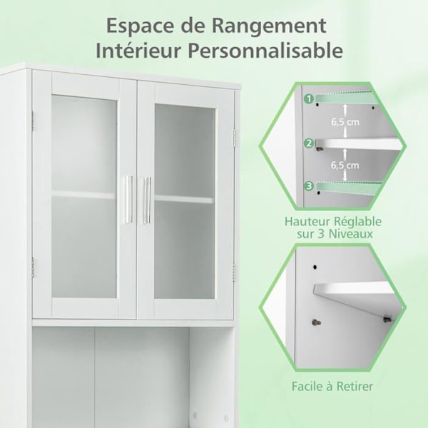 COSTWAY Toalettenhet ovanför toaletten med 3 hyllor för badrumsförvaring Vit Modern 57 x 18,5 x 163 CM Vit