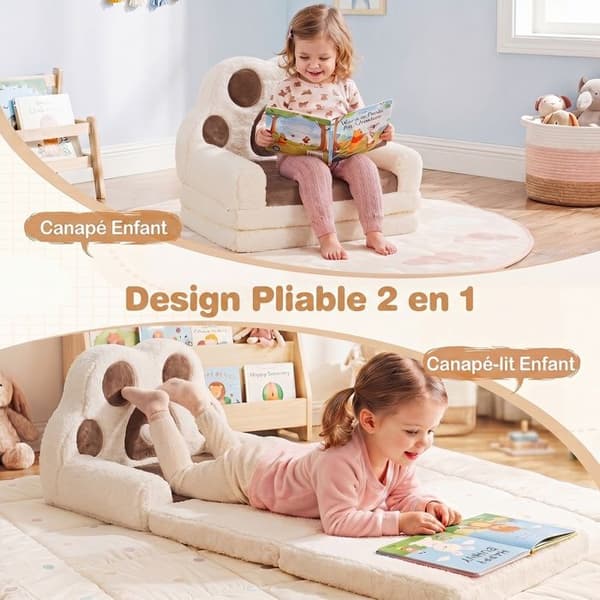 2-i-1 Barnsoffa - COSTWAY - Konvertibel Soffa-Säng, Fällbar Barnfåtölj, Tvättbart Överdrag, för Sovrum, Vardagsrum, Brun