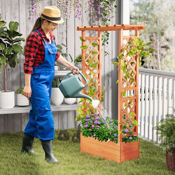 COSTWAY Träförhöjd plantering med spaljé för klätterväxter, upphängt tak, dräneringshål, 66 x 32 x 152 cm Orange