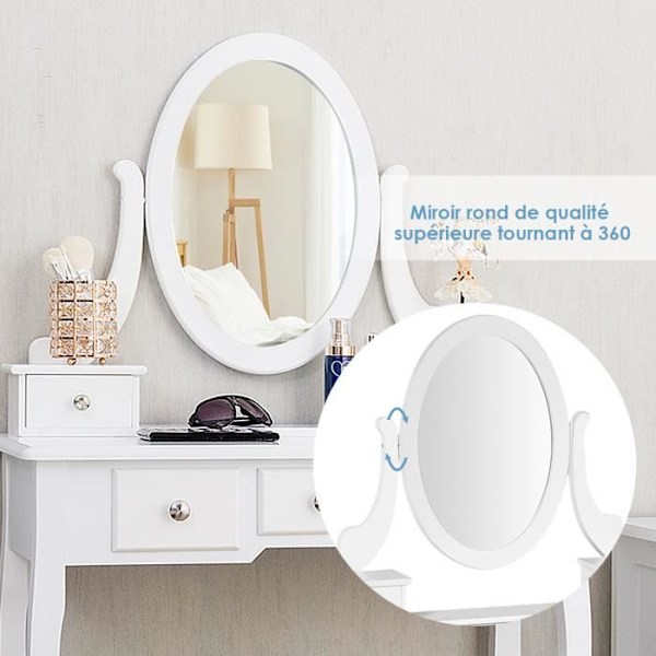 COSTWAY Toiletbord Makeup-bord med 360° drejeligt ovalt spejl, 5 malede skuffer og polstret skammel