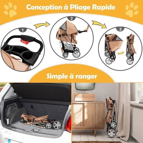 COSTWAY Foldbar Pet Buggy Klapvogn 4 Hjul Belastning 15KG Katte/Hundevogn med kopholder og opbevaringskurv Beige