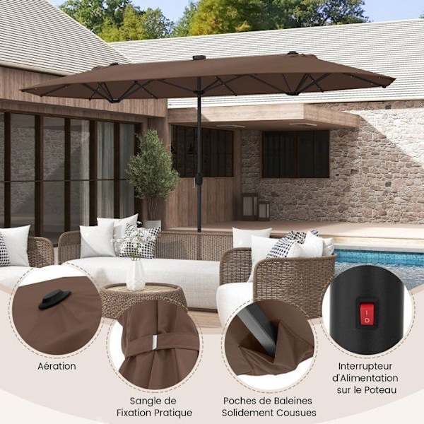COSTWAY Parasol Dobbelthave XXL 400 x 200 x 240 cm - 36 LED Lys - Base Inkluderet - 12 Spidser - Rektangulær Brun
