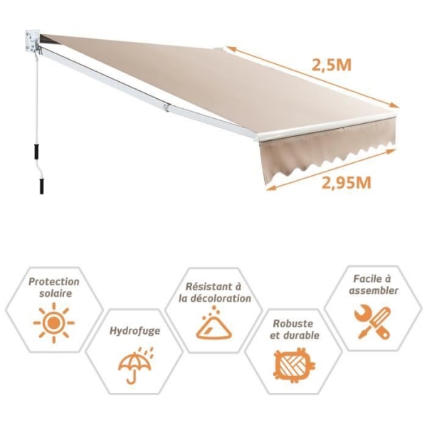 COSTWAY Butiks Banner Manuel Retractable Justerbar Vinkel 40°-100° uden Boring 295x250CM til Vindue/Balkon Beige