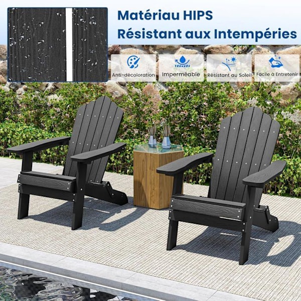 COSTWAY Foldbar Adirondack Loungestol til Haven, Bred Armlæn og Lænet Inclineret, Oversize Sæde i HIPS til Patio Have, Sort Svart