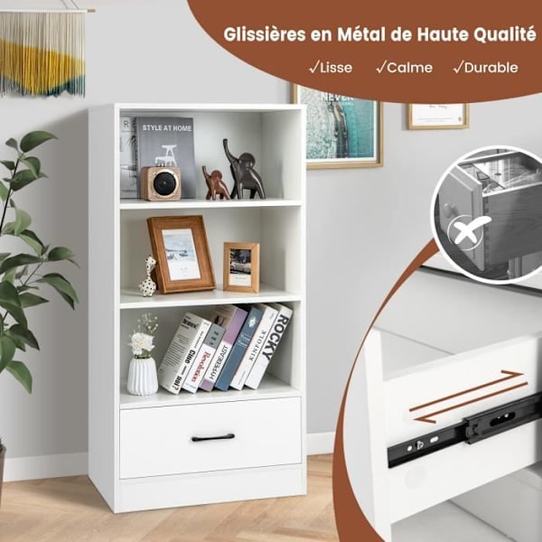 COSTWAY 4-lags reol - 60 x 38 x 120 CM - Skuffe - Anti-vippeanordning - Møbel/opbevaringshylde - Hvid