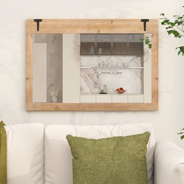 COSTWAY Vægmonteret Rektangulært Spejl 97 x 67 cm, Ramme i Fyrretræ, Hængende Spejl i Lodret eller Vandret for Stue, Entré Naturlig