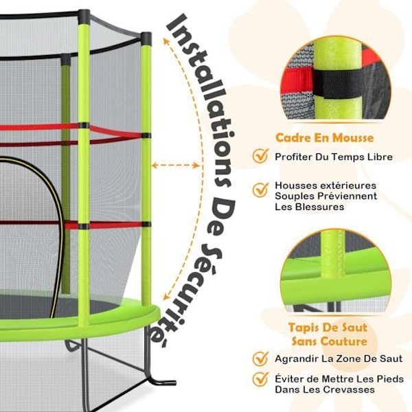 COSTWAY børnetrampolin Ø165×1,65H CM-Sikkerhedsnet-Lynlåsdør-Fjederbetræk-6 polstrede stolper-Belastning 45 kg-Grøn Grönt, rött och svart