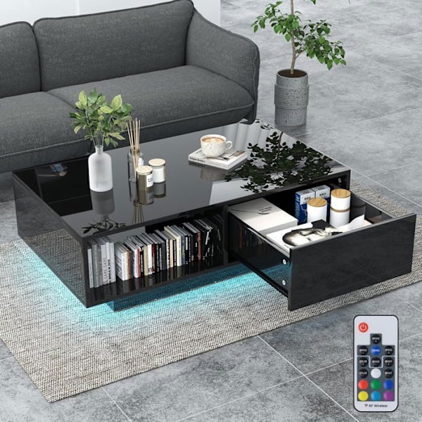 COSTWAY Soffbord - LED-lampor 20 Färger - 95 x 55 x 31 CM - LED Soffbord med Stort Låda och Fack - Svart Svart