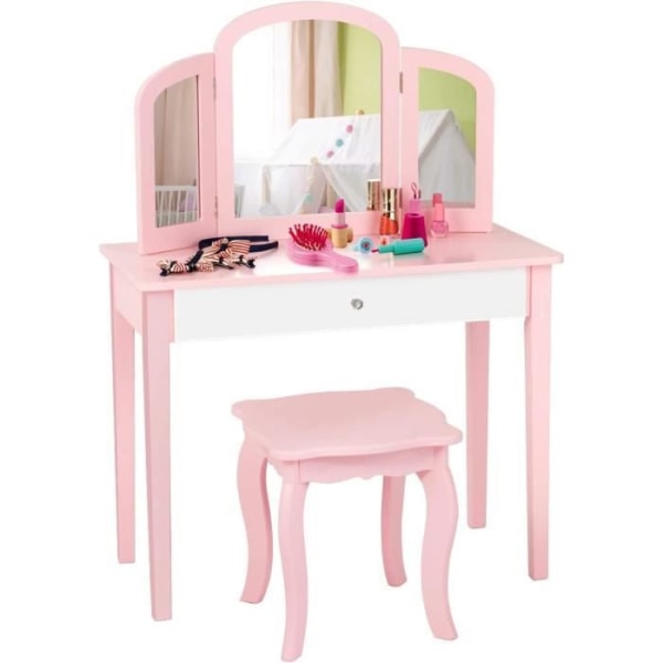 COSTWAY 2 i 1 toalettbord för barn med avtagbar och vikbar spegel, 1 stor låda Princess Style Pink