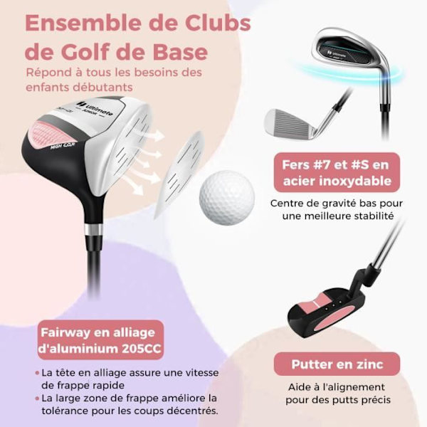 COSTWAY-golfkassisarja 8-10-vuotiaille lapsille Jalusta - Sateenkestävä huppu - No. 1 Driver, No. 7 ja No. S Raudat ja Putter-Pink