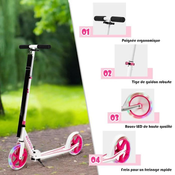 COSTWAY Sammenklappelig børnescooter 2 blinkende LED-hjul 3 justerbare højder med aluminiumsdæk Max 100 kg lyserød