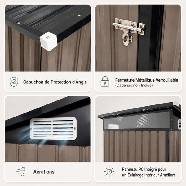 Uteförråd 150x89x185cm COSTWAY - Ljus PC-panel - Lutande tak - Ventilationsöppning - Låsbart dörr - Handskar - Brun