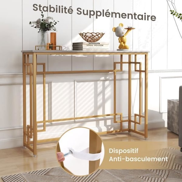 COSTWAY Konsolentrémøbler, marmoreffekt - 110 x 30 x 81 CM - Konsolbord i kinesisk stil i guldmetalramme til entre, stue Vitt och guld
