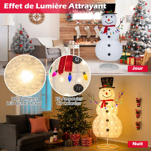 COSTWAY 180 cm förbelyst julsnögubbe med 20 färgglada fairy-ljus och 180 LED-lampor