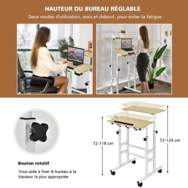 COSTWAY Sitt-Stå-skrivbord med hjul Dator Datorbord Justerbar höjd Naturlig lutande arbetsstation