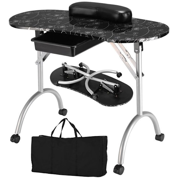Fällbar Nagelbord med Hjul - COSTWAY - Låda - Handledskudde - 90 x 37 x 68 cm Svart