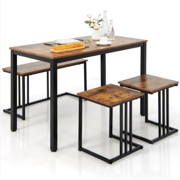 COSTWAY köksbordsset - 2 bänkar - 2 pallar, industriell stil, rustik brun och svart metallstomme