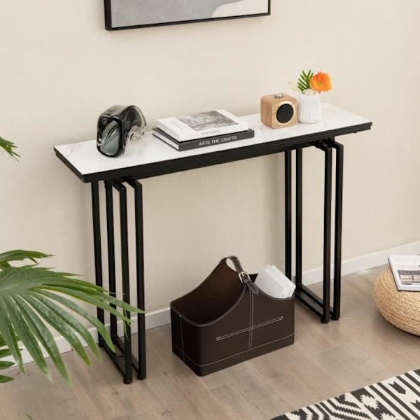 COSTWAY-konsolipöytä, marmoriefekti - 110 x 30 x 81 CM, skandinaaviset eteisen kalusteet, musta metallikehys Vit och svart