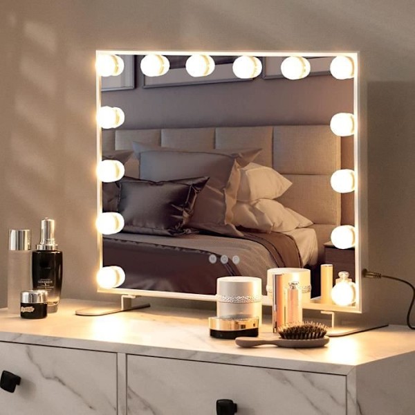 COSTWAY Hollywood Makeup Spejl, 14 LED-lys, Intelligent Touch Control, 3 lysfarver, Justerbar lysstyrke