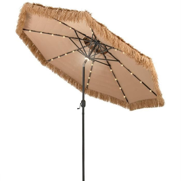 COSTWAY Beach Paraply 305 cm lutande sugrör PE-32 LED och centralljus, 8 valar Manuell vev Hawaiian Style Naturlig