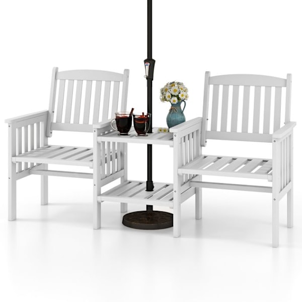 COSTWAY Ensemble Bord och Stolar för Trädgård 3 PCS, Furu, Sidobord med 2 Nivåer och Parasolhål på 5 cm, Vit Vit