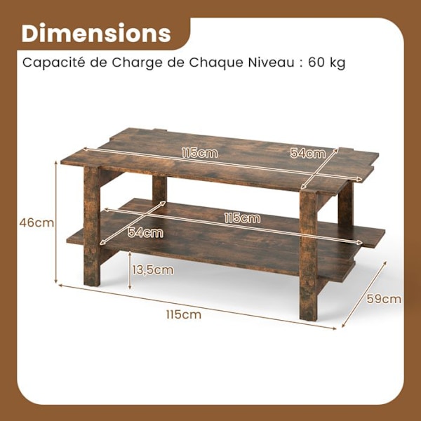 Salontable Basse med 2 Niveaux COSTWAY, Lameltræ, Opbevaringshylde, Rektangulær Accentbord Totalbelastning 120KG, Valnød