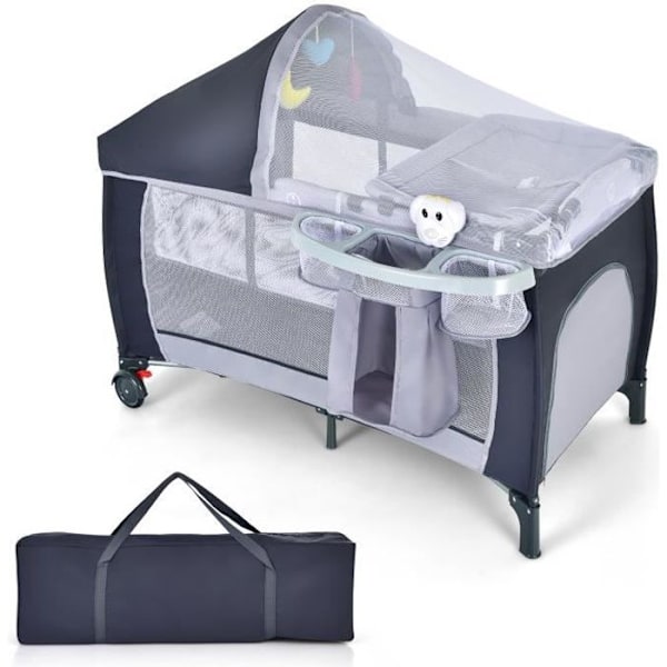 COSTWAY hopfällbar babyparaplysäng 4 i 1 vagga/skötbord Lekhage lutningsfunktion med madrass, Play Arch Bag grå Grå