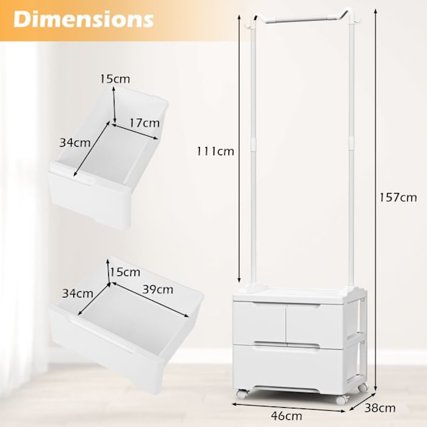 COSTWAY klädhängare med lådor-sidokrokar-upphängningsstång-4 hjul 2 med broms-halkfria hörn-46 x 38 x 157 cm