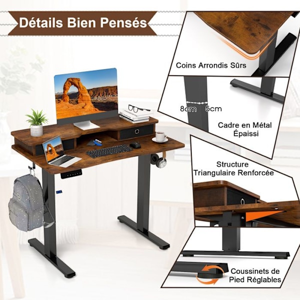 Bureau Assis-Debout Elektrisk 100x60cm -COSTWAY-2 Lådor-Skärmstöd - Justerbar i 3 Höjder Hängkrokar Brun