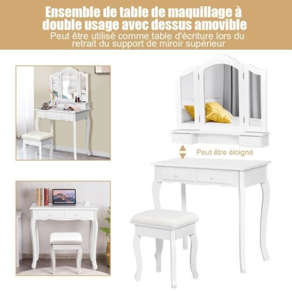COSTWAY Sminkbord, sminkbord med 3 vridbara speglar, pall och 4 lådor, modernt, 80 x 40,5 x 137 cm