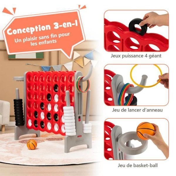 COSTWAY Giant Connect 4 spel för barn 3 i 1 multifunktion med basketbåge sidringar spel 42 ringar grå Rött och grått