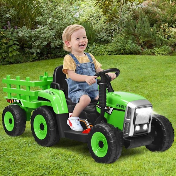 COSTWAY elektrisk traktor til børn 12V 3 hastigheder - Trailer og 2,4G fjernbetjening, LED-belysning, Horn, Grøn USB-port Grön