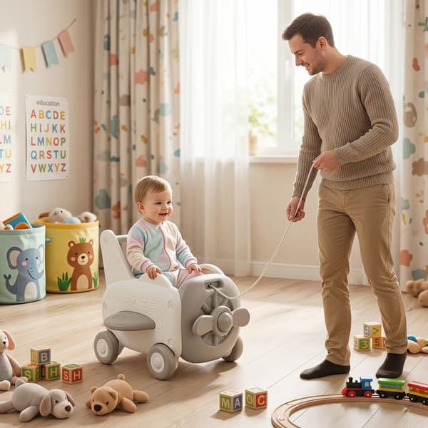 COSTWAY Gåvagn med Justerbar Hastighet, Flygplansform, Fällbart Säte & Leksakslåda, för Barn 1 till 3 År, Beige beige