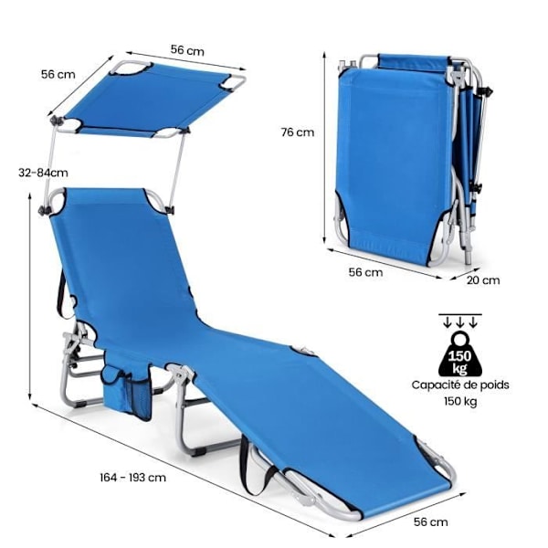 COSTWAY 5-positions fällbar vilstol med 360° vridbar markis, för camping uteplats, maxbelastning 150 kg, blå