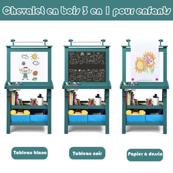 COSTWAY 3-i-1 børnetavle - 2 sider (hvidt og sort bord), papirrulle (papir inkluderet), 2 hylder og 2 opbevaringsspande Blå