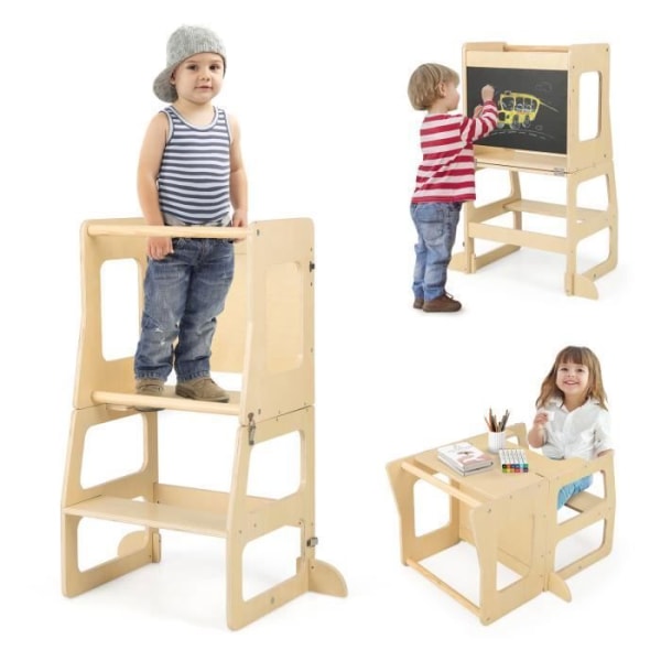 COSTWAY 3 i 1 skalbart Montessori Learning Tower i trä - Krittavla - Kontorspall - Halkfria steg - 12 månader - 60 kg