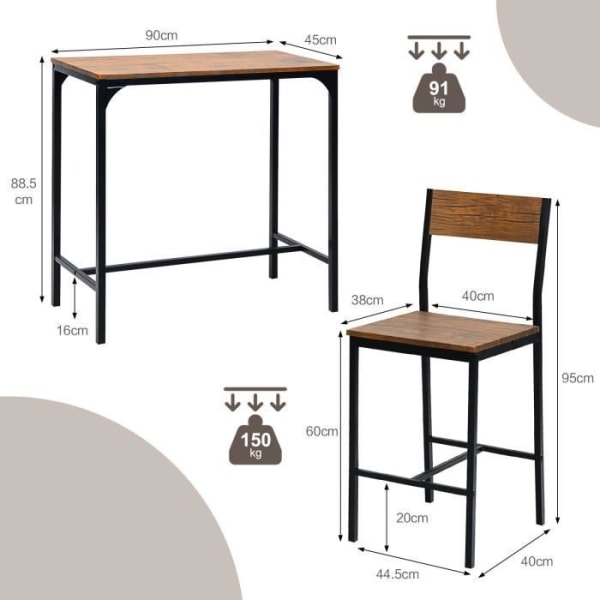 COSTWAY industriellt barbord med 2 stolar, rustikt brunt högt barbord för bar, kök, bistro, restaurang