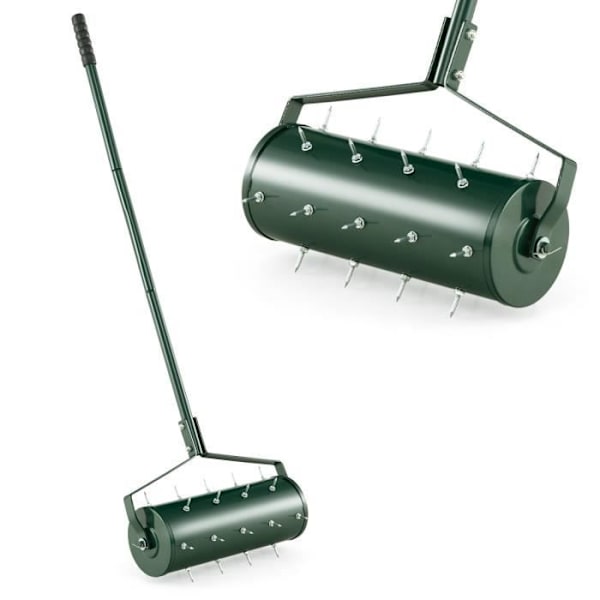 COSTWAY Manuel Scarifier 45 cm-Tandspidser-Aftageligt håndtag 130 cm-Tromle fyldt med 5,5 L sand, sten-plænelufter Grön