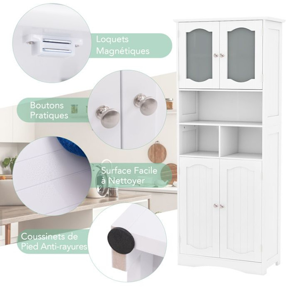 COSTWAY Badrumsstolpe-60 x 30 x 148,5 cm-2 Frostade glasdörrar-2 justerbara hyllor-3 förvaringsfack-Vit