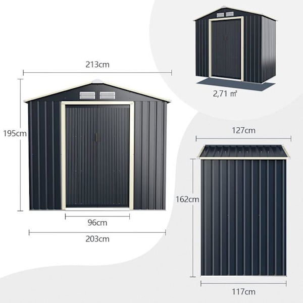 COSTWAY Trädgårdsbod i metall 2,71?213 x 127 x 195 cm med 2 låsbara skjutdörrar 4 ventilationshål Grå för cykel