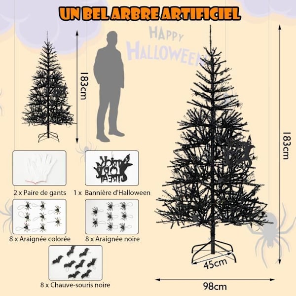COSTWAY juletræ 183 cm med 250 lilla lys 791 PVC grene og ornamenter Halloween automatisk træ sort Svart