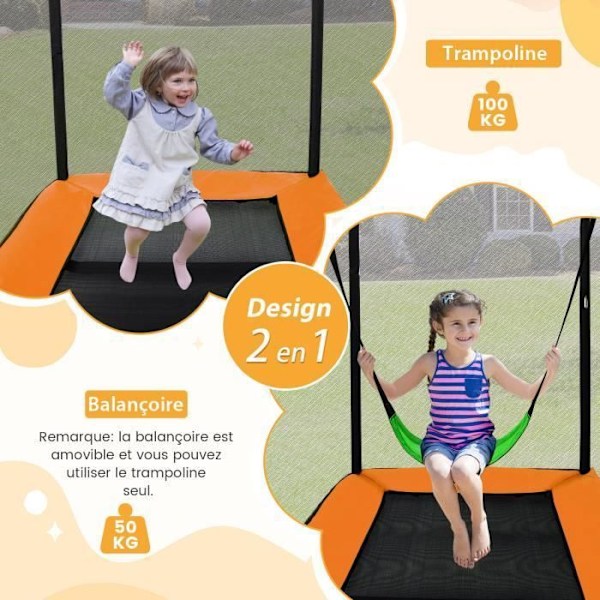 COSTWAY Trampolin til børn rektangulær 190x122cm 3 i 1 med gynge, vandret stang-40 galvaniserede fjedre 100 kg-gul svart och orange