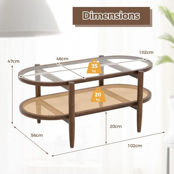 COSTWAY Ovalt soffbord i härdat glas med ram i akaciaträ, 2-vånings vardagsrumsbord med PE-rotting öppen hylla kastanj