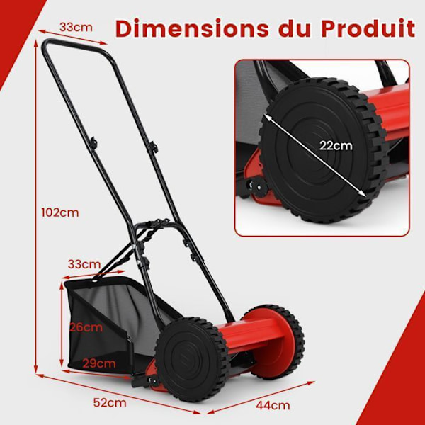 Manuell gräsklippare COSTWAY - Klippbredd 30 cm - Klipphöjd 15 till 40 MM - Fack 18,5 L - 2 halkfria hjul - Röd