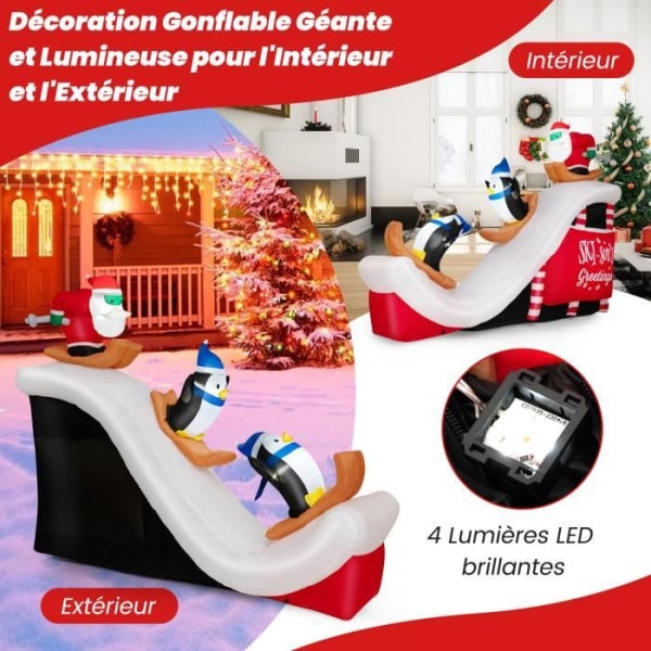 COSTWAY 280 CM uppblåsbara juldekorationer med 4 LED-lampor 3 sandsäckar, tomte och skidpingviner, inomhus-utomhus