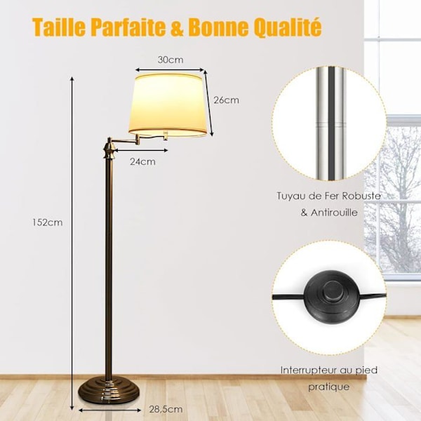 COSTWAY Læselampe Salon på Fod 152CM med Svingarm 360° og PVC Skærm E27 Fatning (Max 60W) Rør i Forguldent Jern Værelse