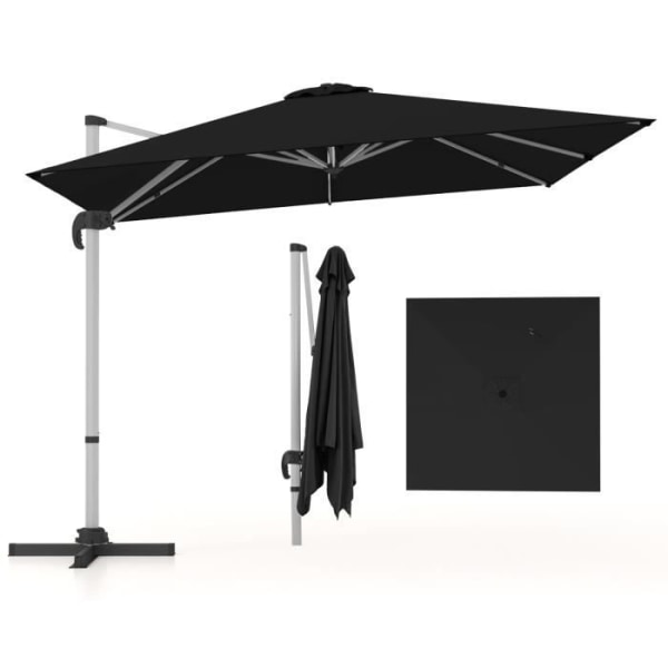 COSTWAY 3 m firkantet forskudt parasol med krydsstangsbase, aluminium 360° drejelig vippearm 8 ribber, sort